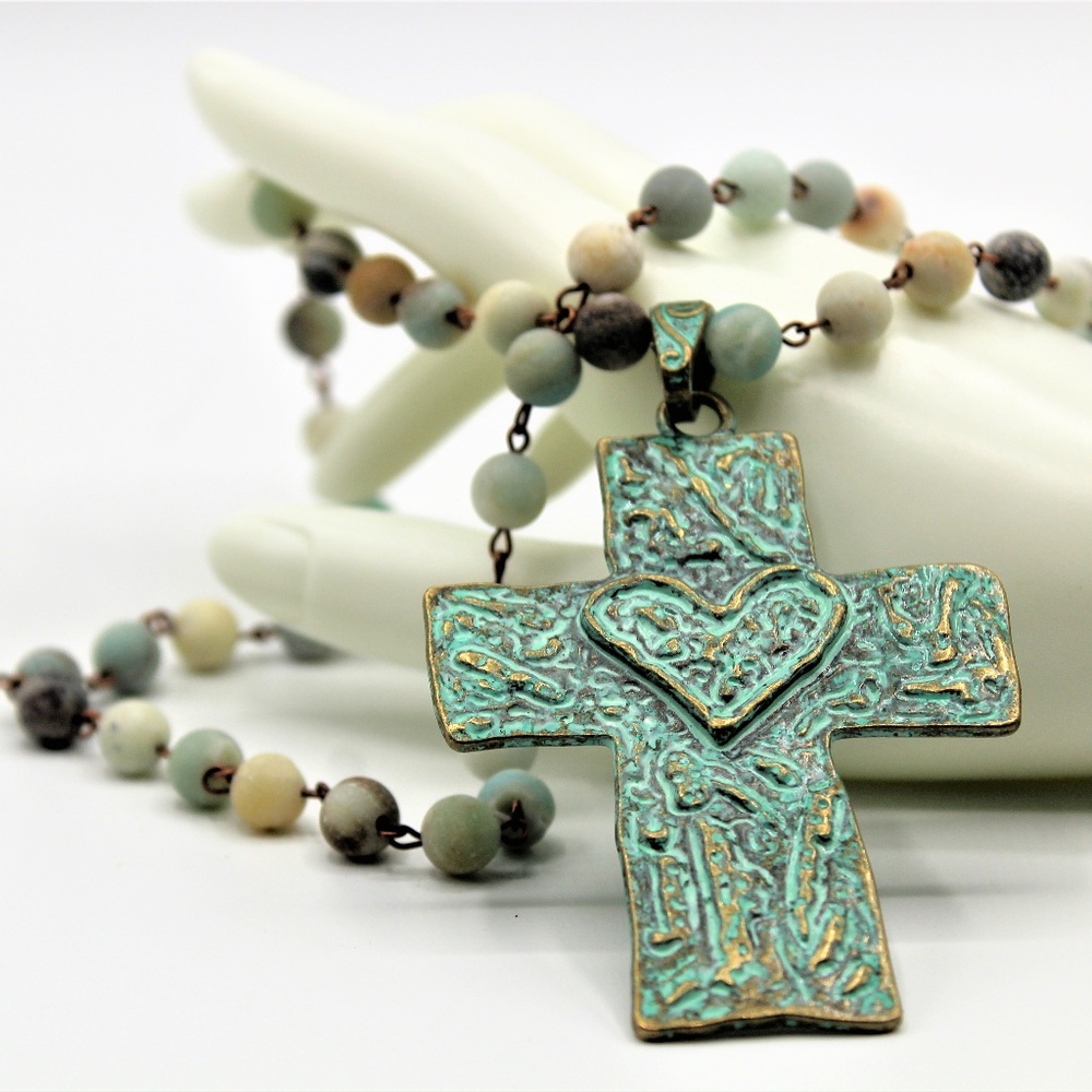 Verdigris cross necklace with rosary chain